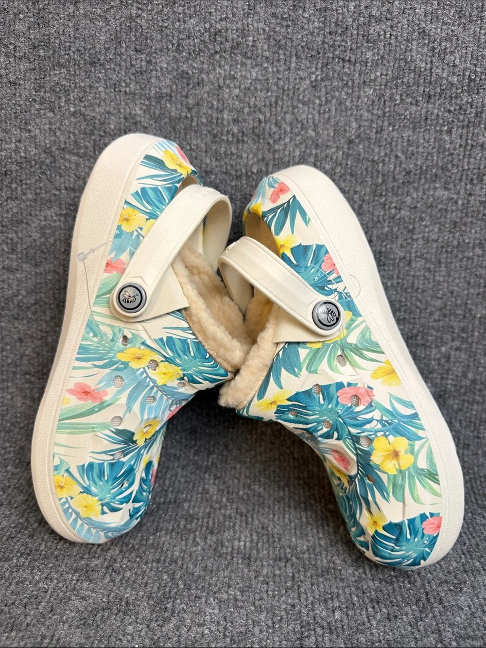 Kids Floral Fleece-Lined Slip-On Clogs - White with Teal & Yellow Child 13